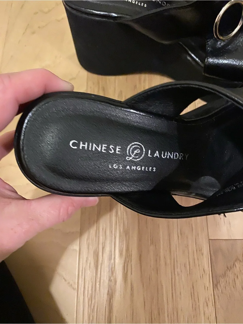 Chinese Laundry Black Platform Wedge Slide Sandals with Zip Accent Size 6